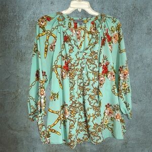 Figueroa & Flower Floral Chain V Neck Peasant Blouse in Aqua size M